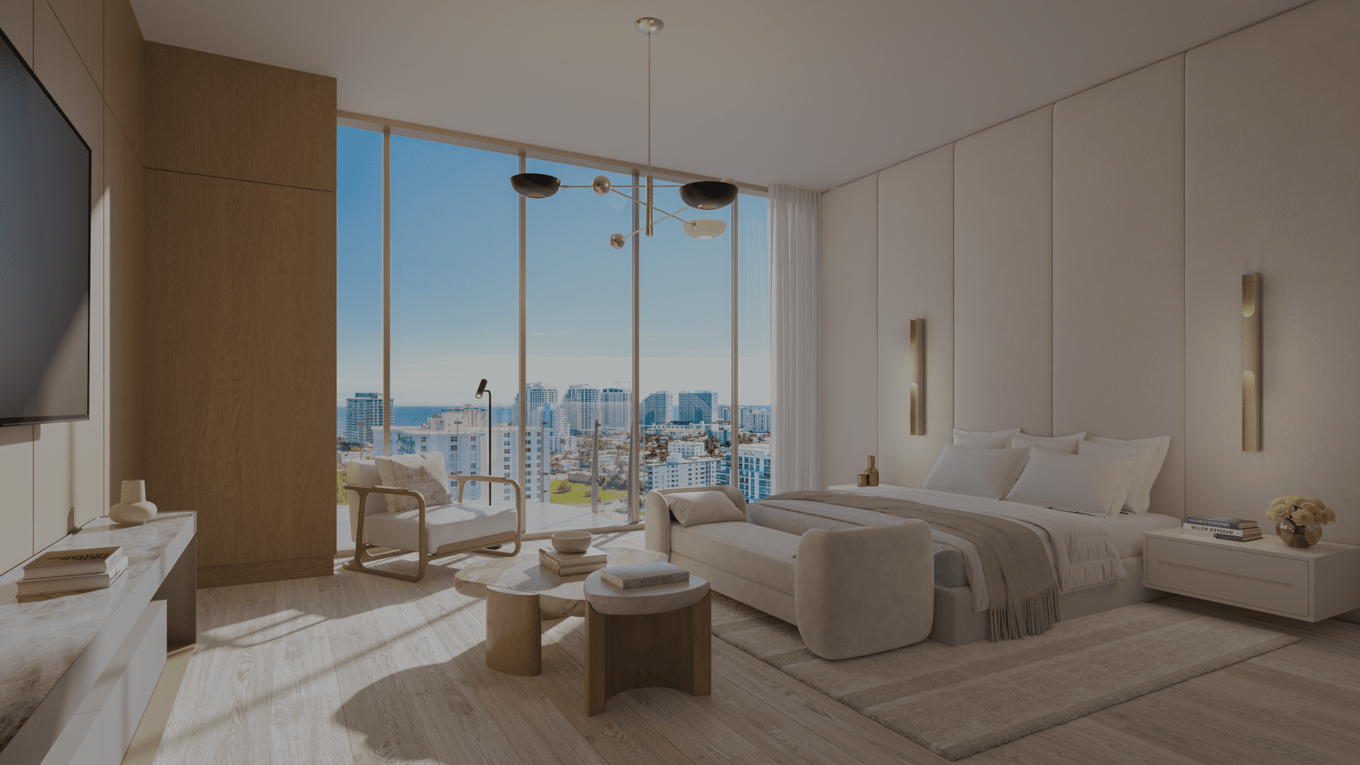 Bedroom with the city and ocean view at Sage Intracoastal Residences