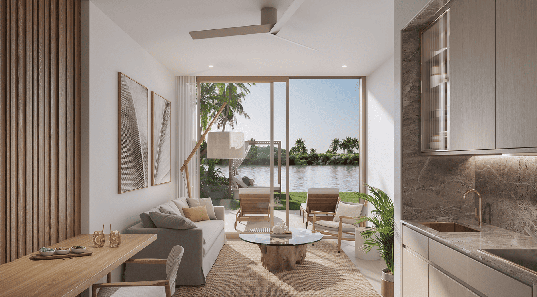 kitchen next to the living room with view to the exterior at Sage Intracoastal