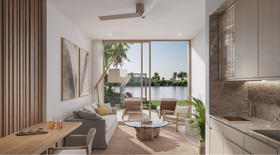 kitchen next to the living room with view to the exterior