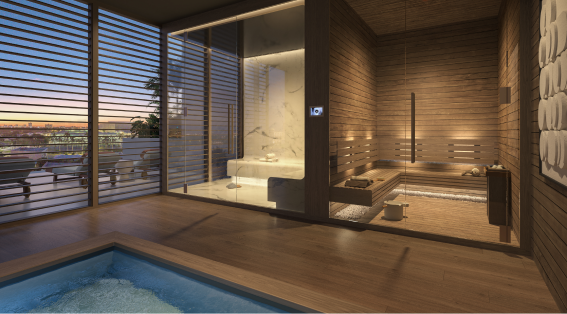 living room with sauna and swimming pool at Sage Intracoastal