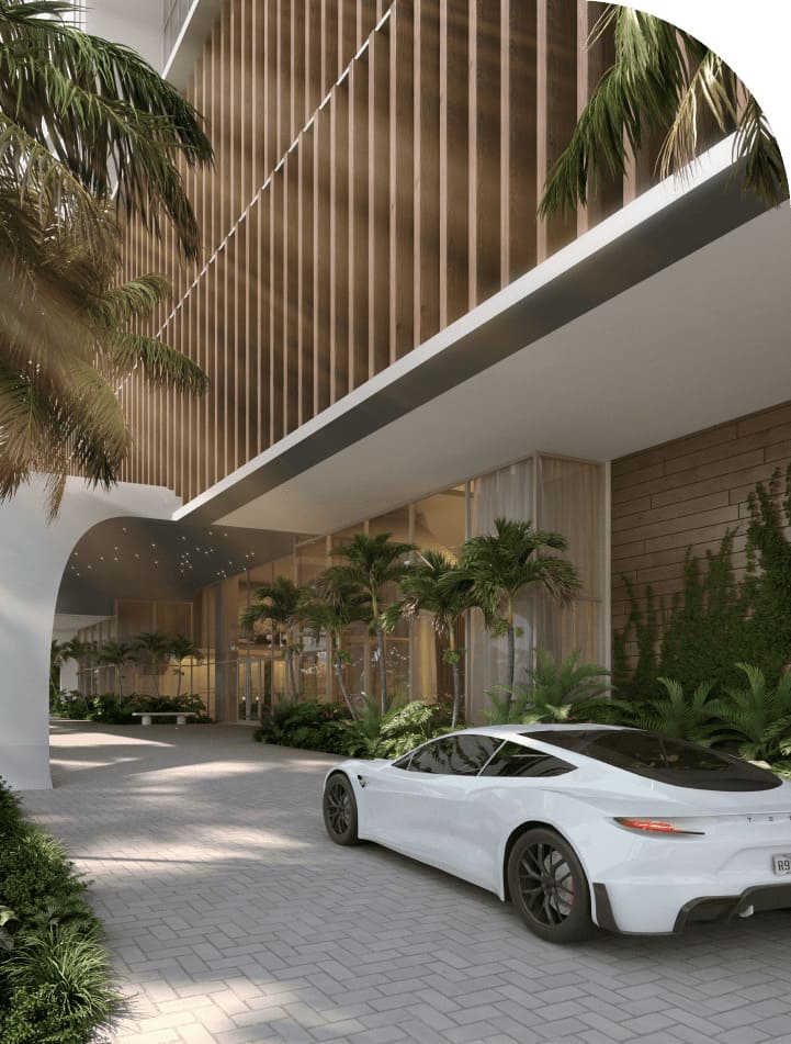 Entrance with lots of nature and sports car in front